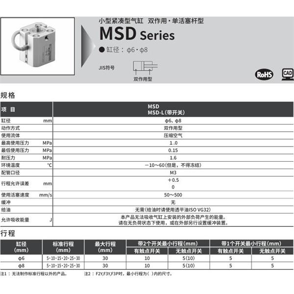 CKD喜開理小型帶線性導軌緊湊型氣缸MSD-L-6-20-F0H-R-R