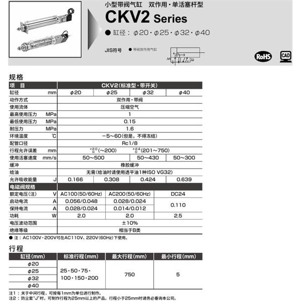 CKD喜開理小型帶閥氣缸CKV2-FA-25-25-U-1-T0H-R-JI